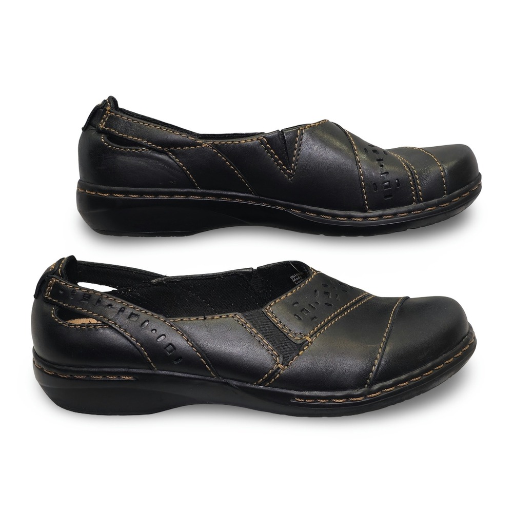 Clarks Loafers Women 6.5M Black Good Leather Slip On Laser Cut 26108331